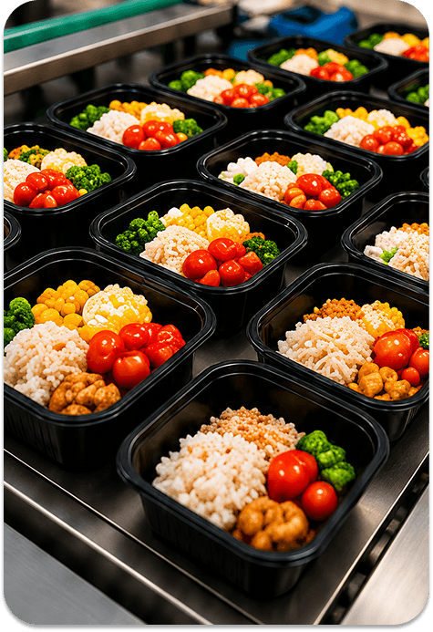 Rows of freshly prepared meal containers